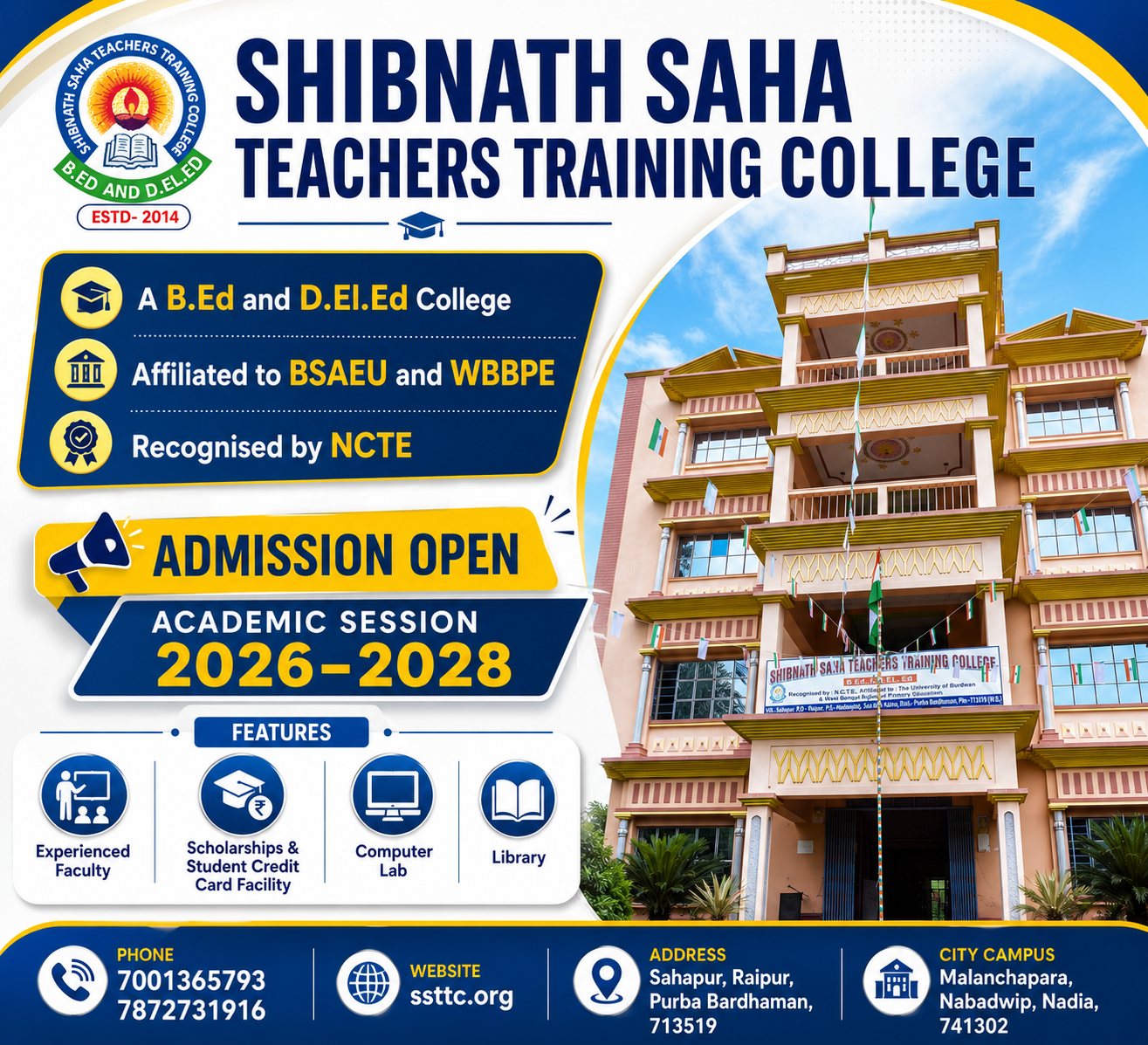 Admission open at Shibnath Saha Teachers Training College for B.Ed. and D.El.Ed., academic session 2026-2028