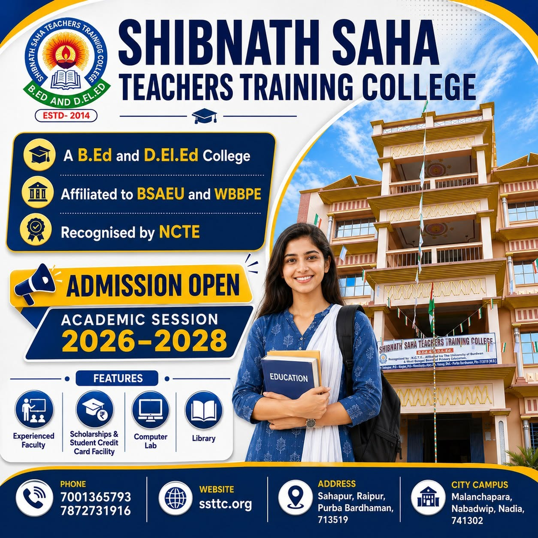 Admission open at Shibnath Saha Teachers Training College for B.Ed. and D.El.Ed., Academic Session 2026–2028