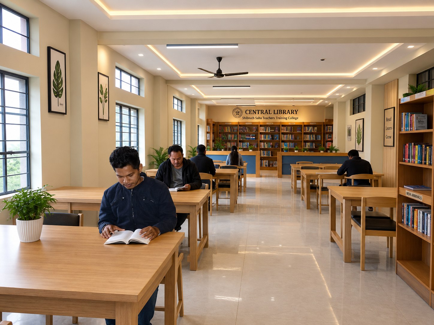 College central library with reading tables and bookshelves
