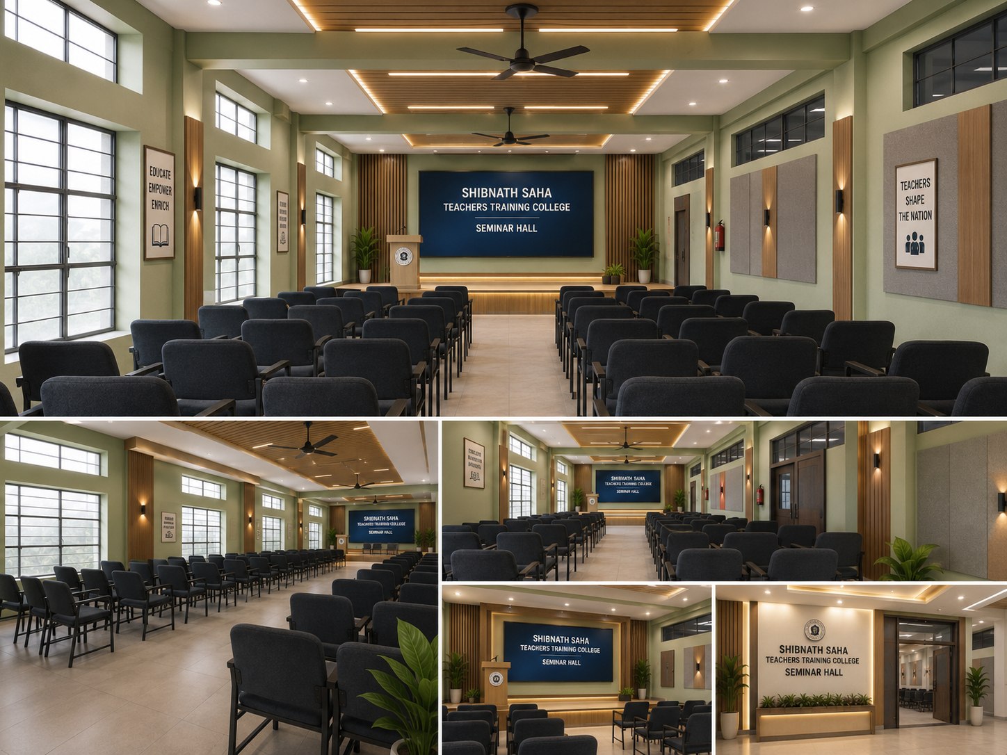 College seminar hall with seating and presentation stage